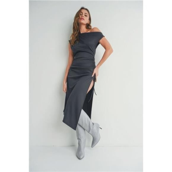 Charcoal Off The Shoulder Maxi Dress With Slit For Women - Picture 1 of 8